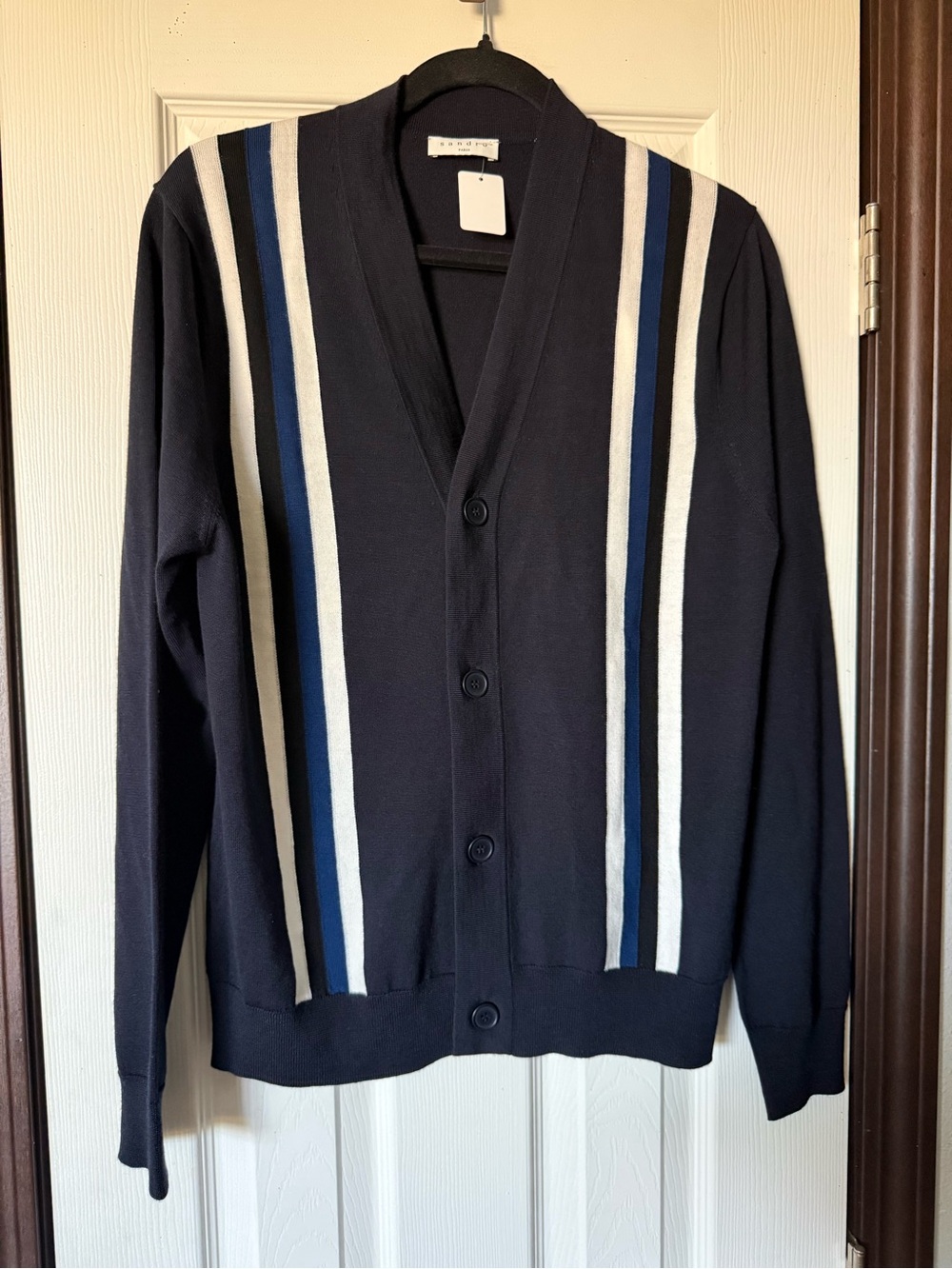 Men's Navy Button-Front Sandro Paris Wool Cardigan with White & Blue Stripes